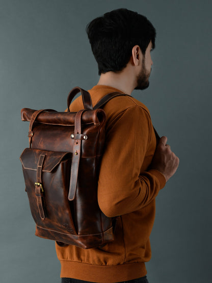 Brown Saddleback Backpack- Roll Top