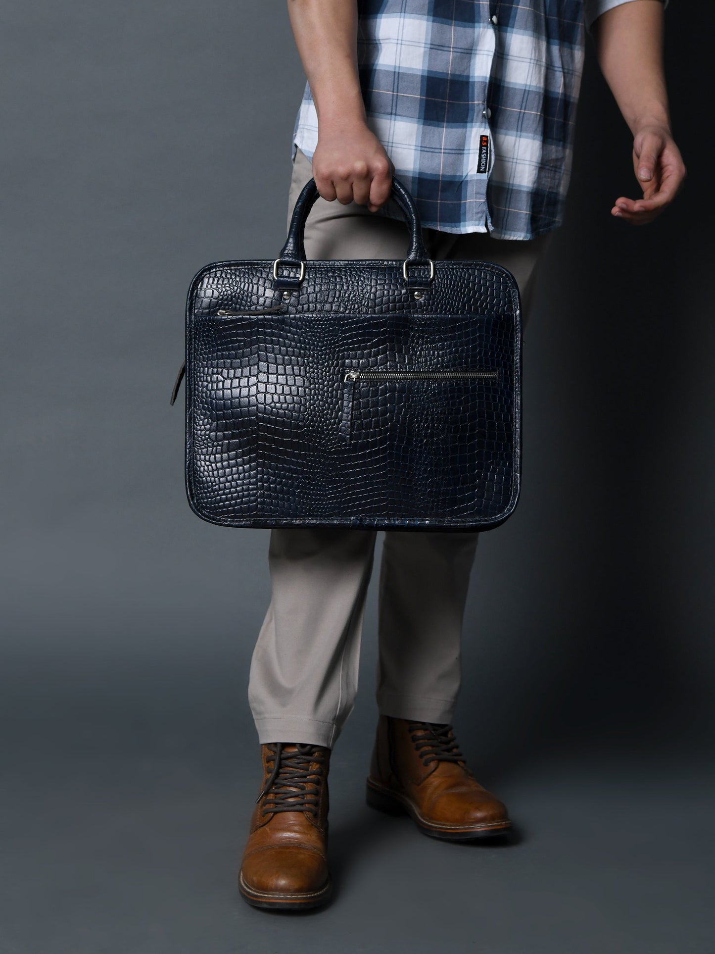 Croco Leather Computer Bag, Navy