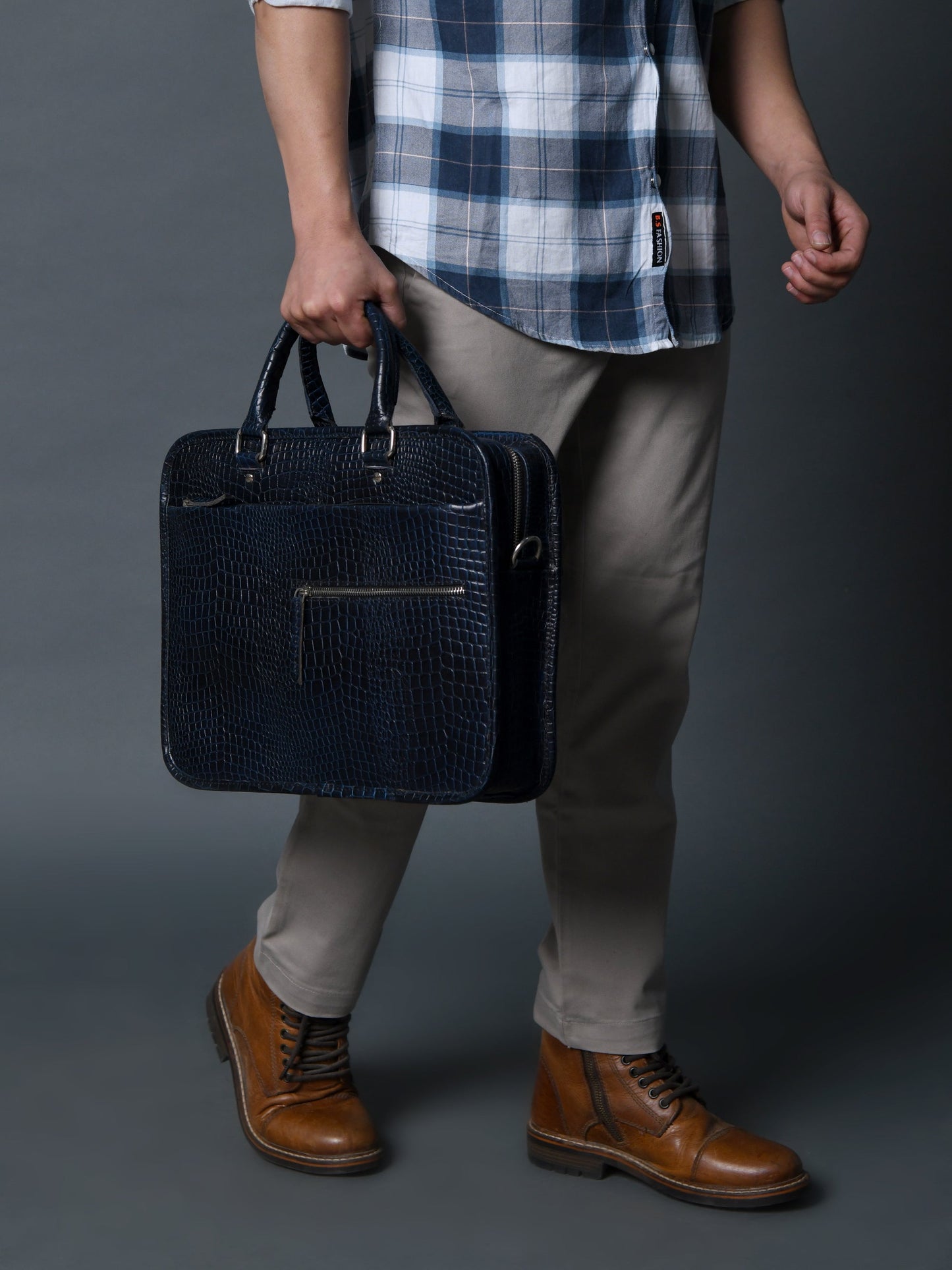 Croco Leather Computer Bag, Navy