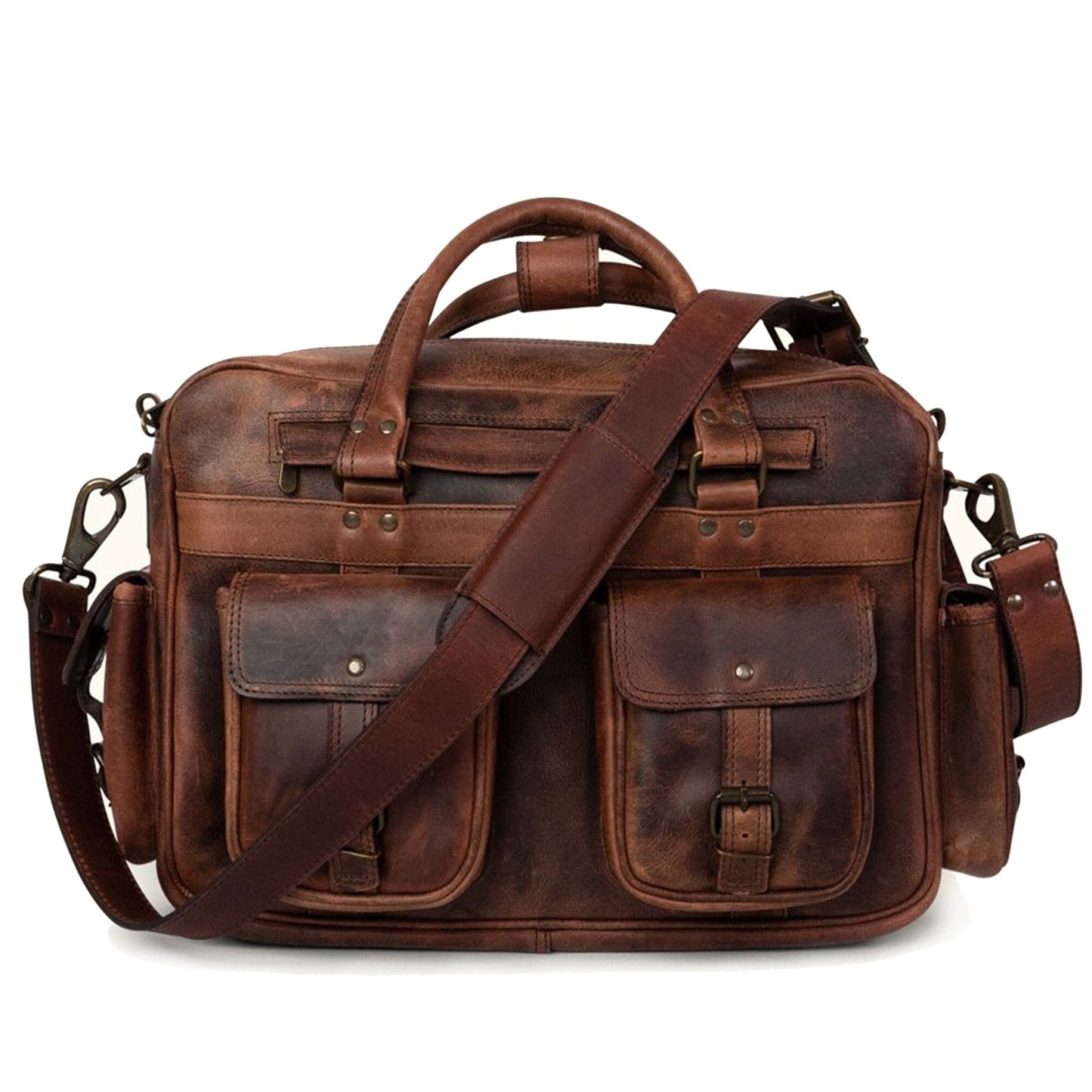 mens brown leather messenger laptop briefcase bag