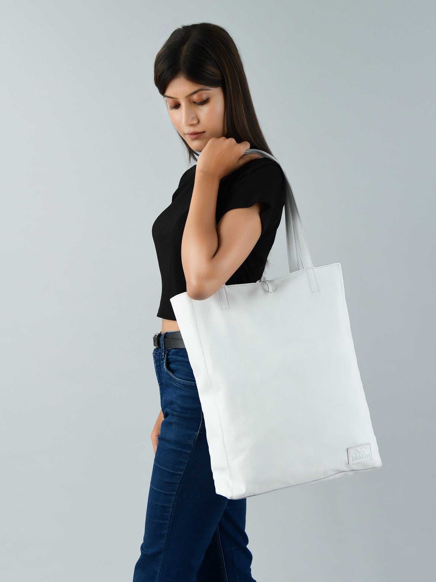 White Leather Shoulder Tote Bag