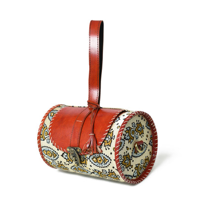 Cylindrical Block Printed Leather Bag