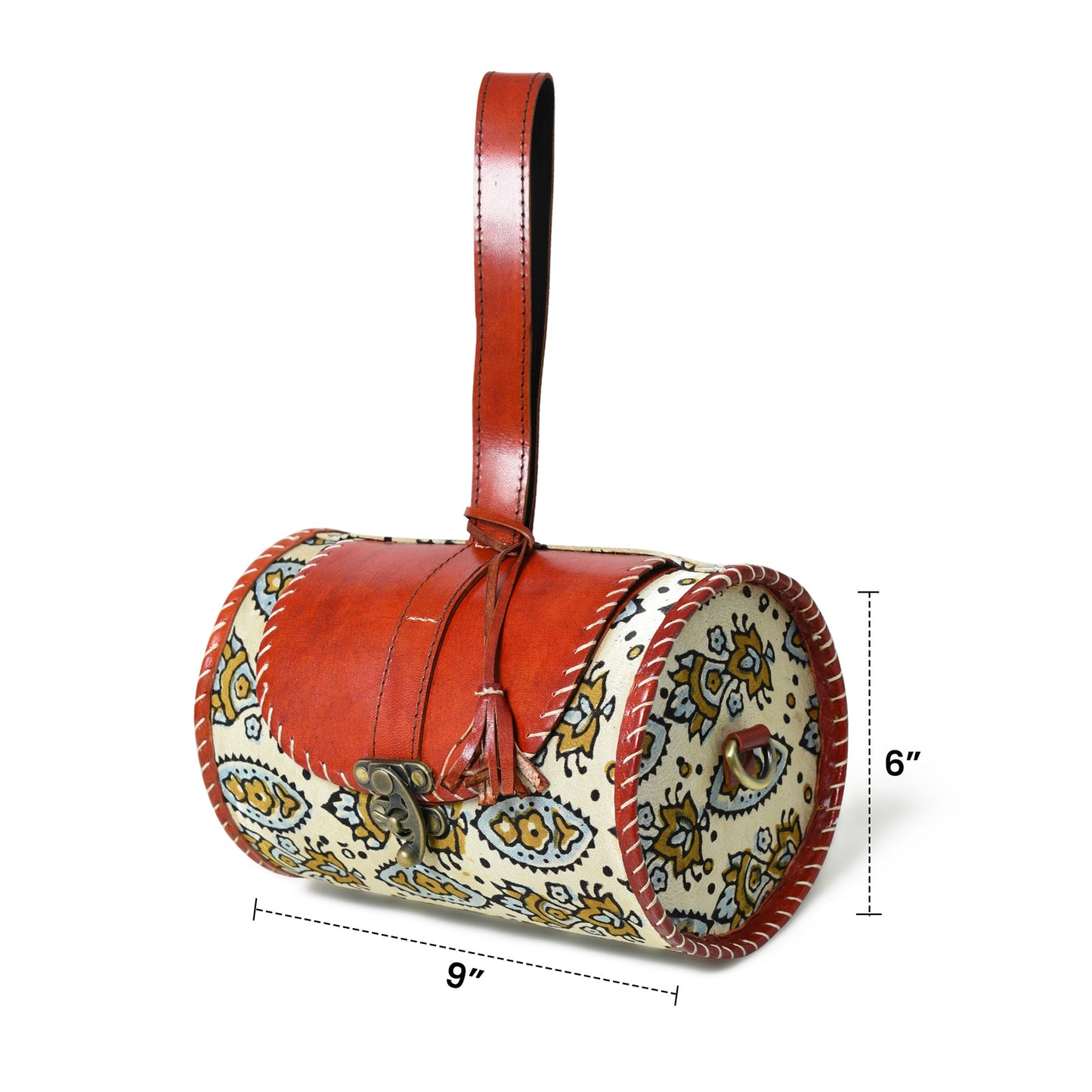 Cylindrical Block Printed Leather Bag