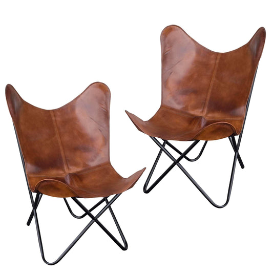 Handmade Leather Butterfly Chair in Natural Tan, 2 Piece Set Classy Leather Bags 