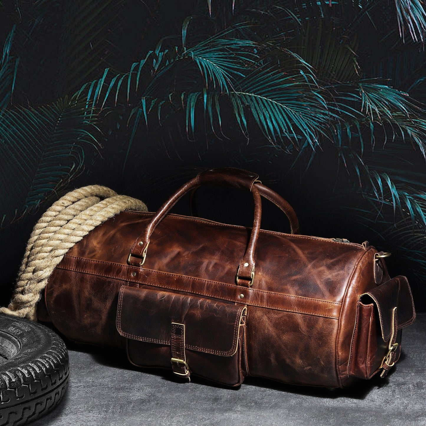 round leather duffle bag