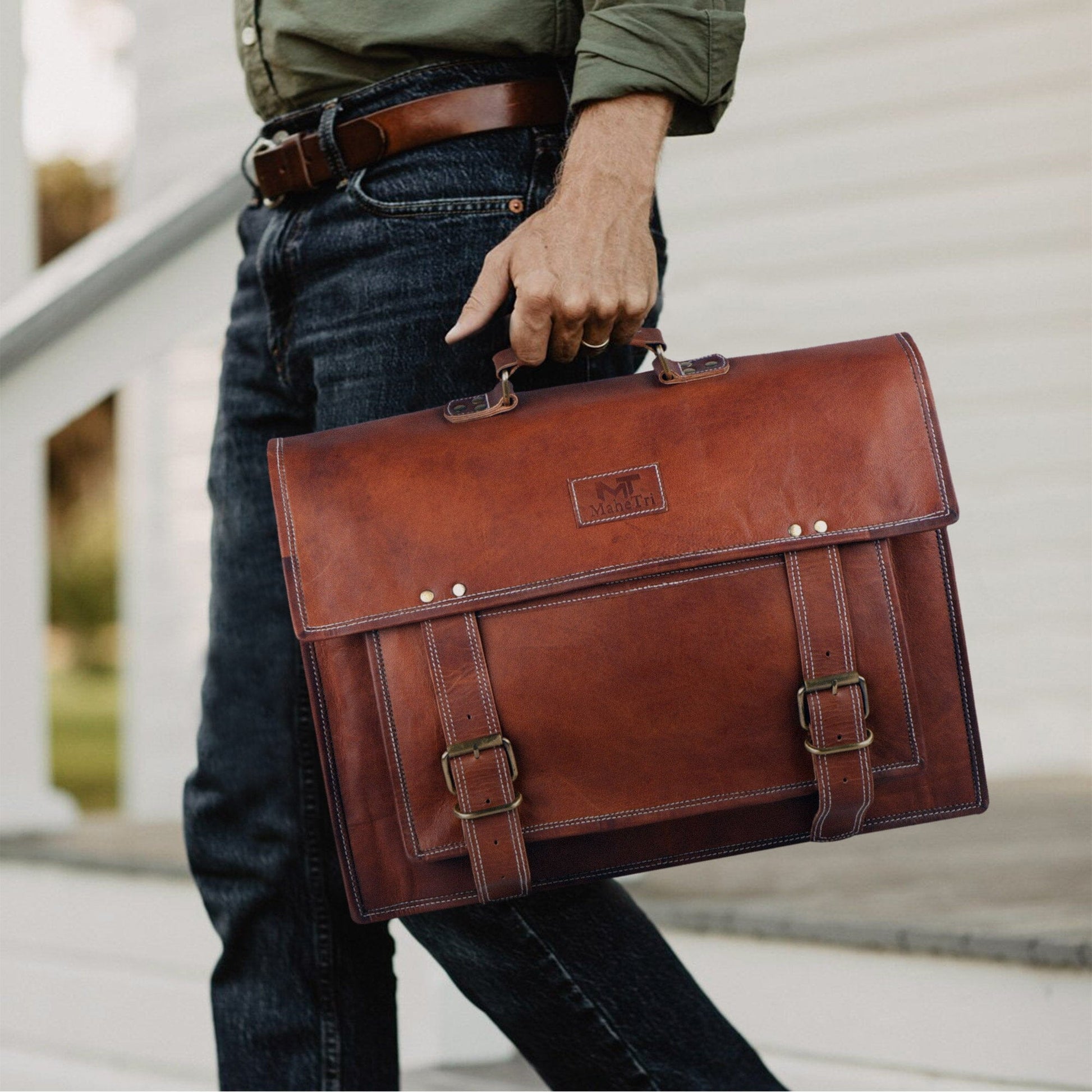 leather laptop Messenger backpack men's