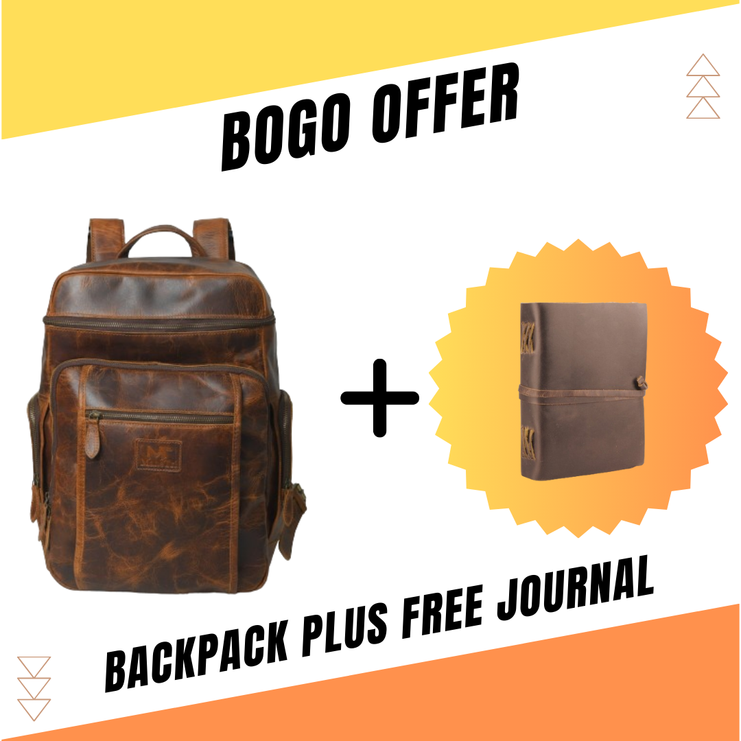 BOGO: Alpha Caramel Buffalo Leather Travel Backpack + FREE Leather Journal