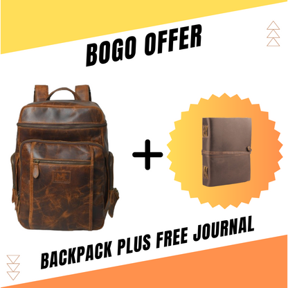 BOGO: Alpha Caramel Buffalo Leather Travel Backpack + FREE Leather Journal