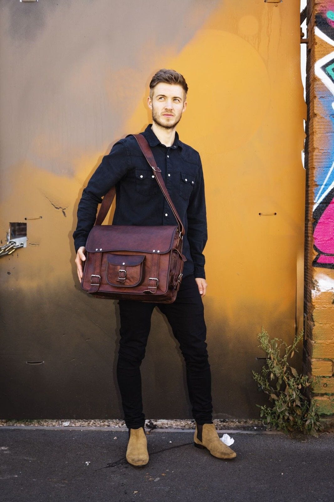 black leather messenger bag for men