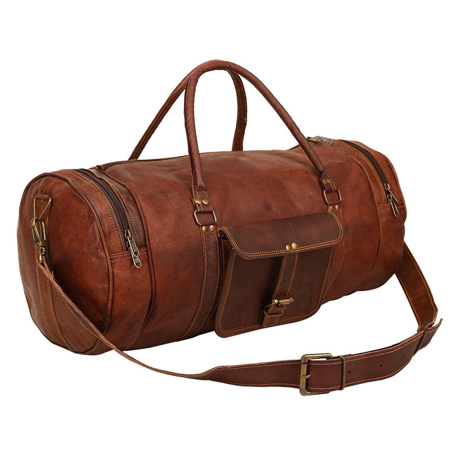 Round Leather Duffle Gym Sports Travel Bag hmkrafts 